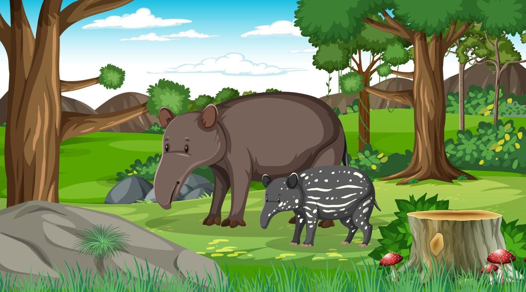 An adult aardvark and baby in forest scene with many trees vector