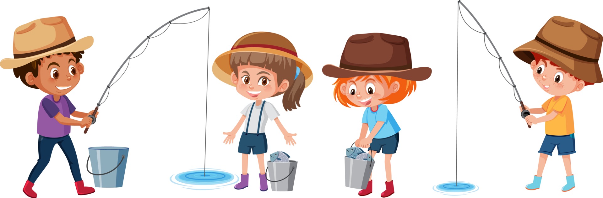 Set of different kids fishing fish cartoon character on white background  2673493 Vector Art at Vecteezy