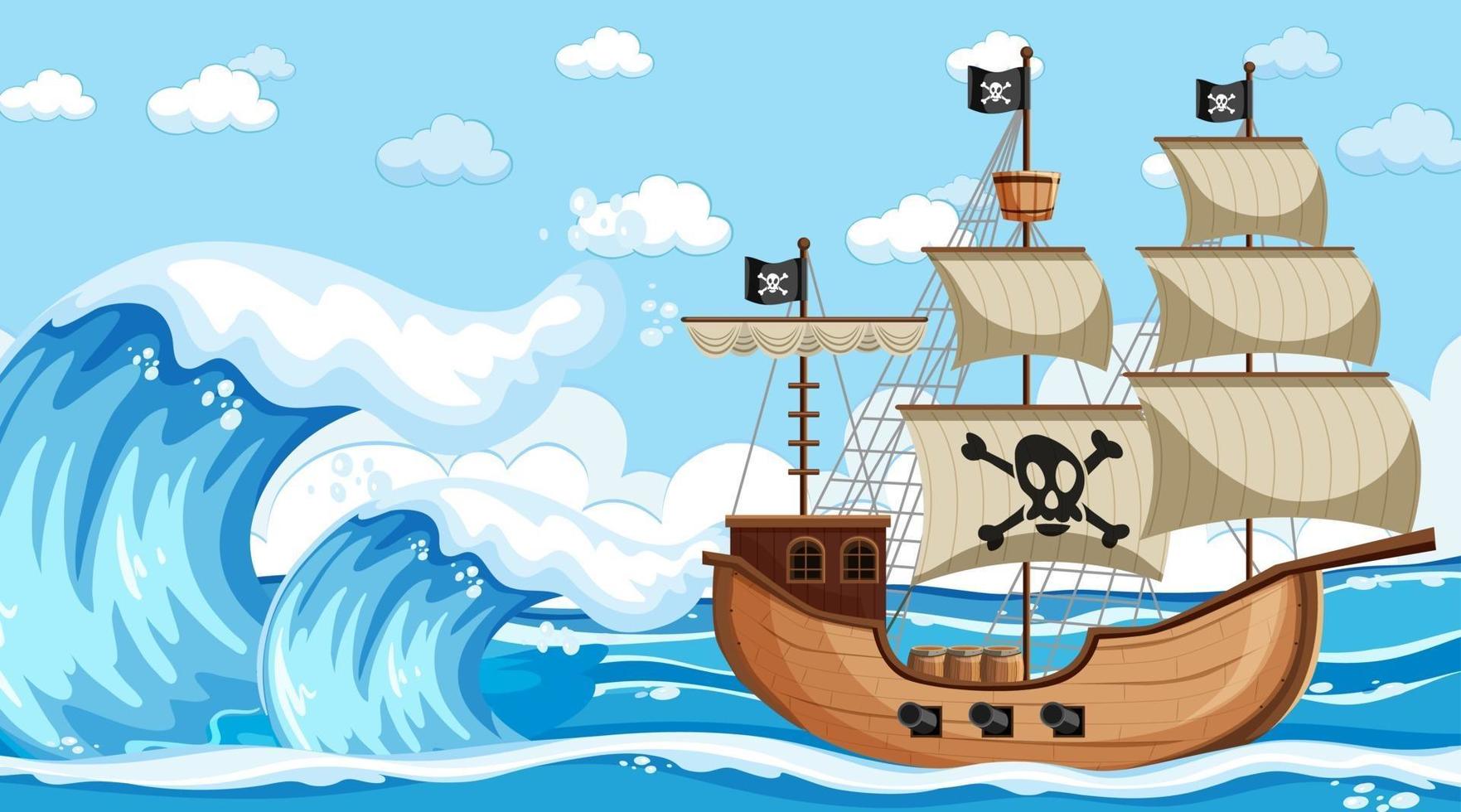 Ocean scene at day time with Pirate ship in cartoon style vector