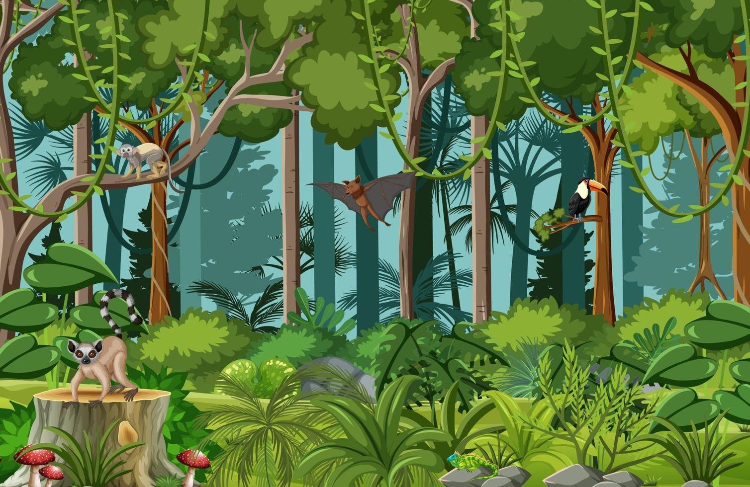 Tropical rainforest scene with various wild animals vector