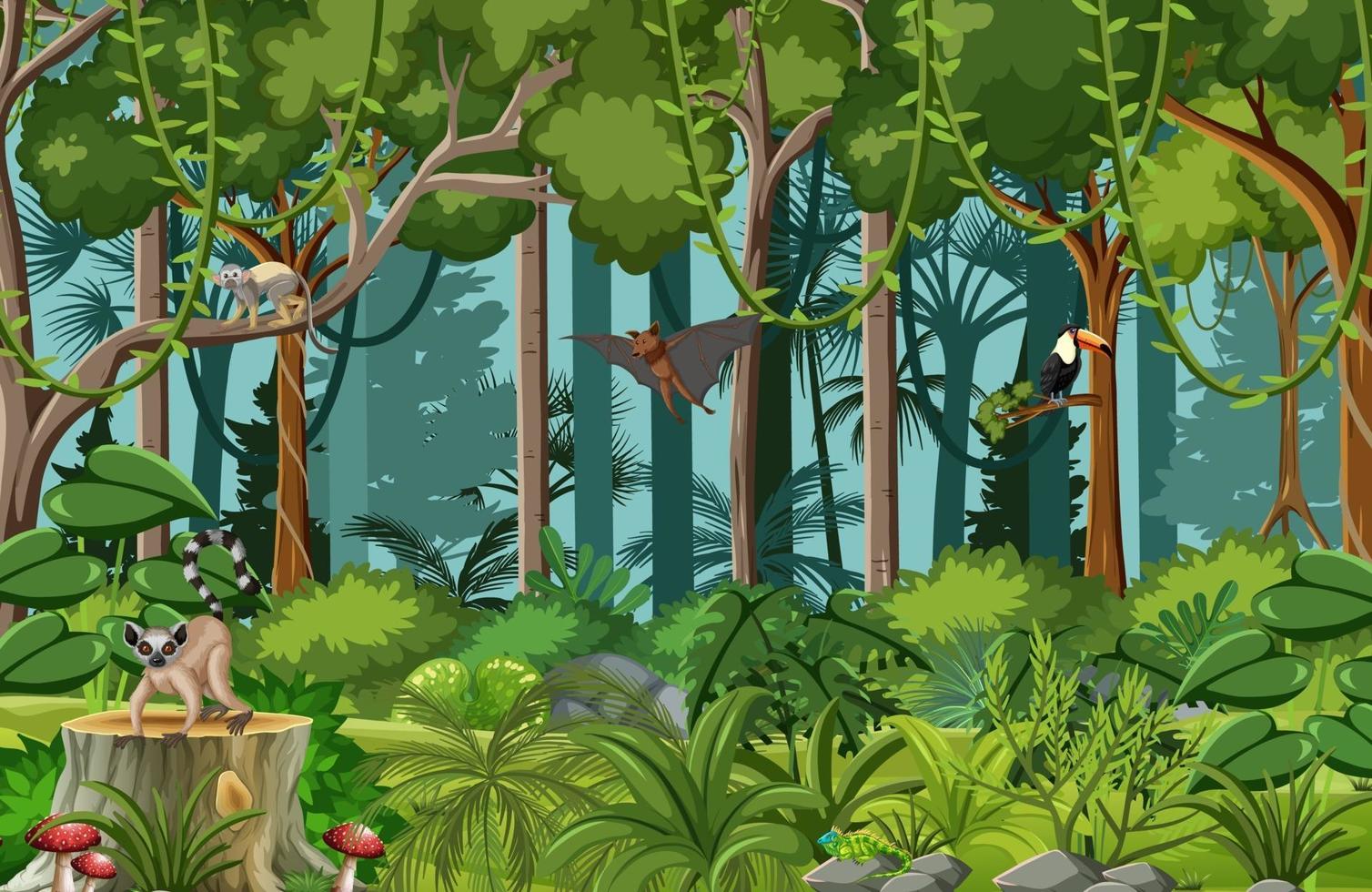 Escena de la selva tropical con varios animales salvajes. vector