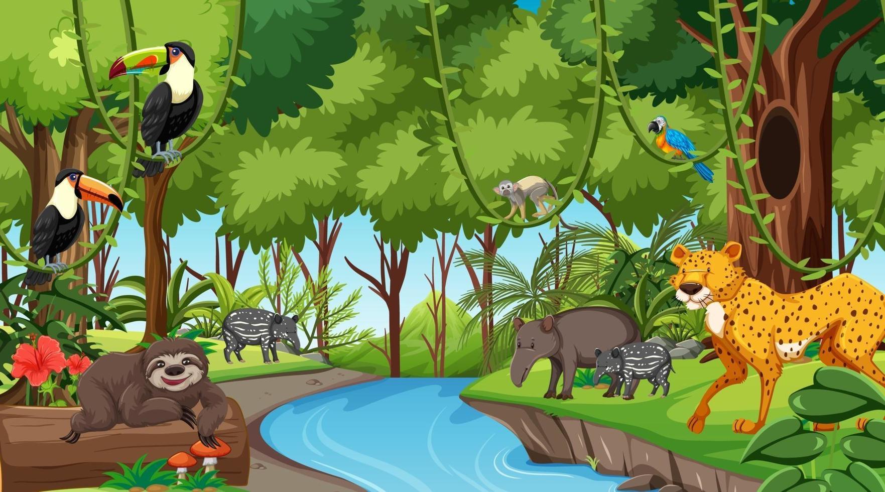 Forest at daytime scene with different wild animals vector