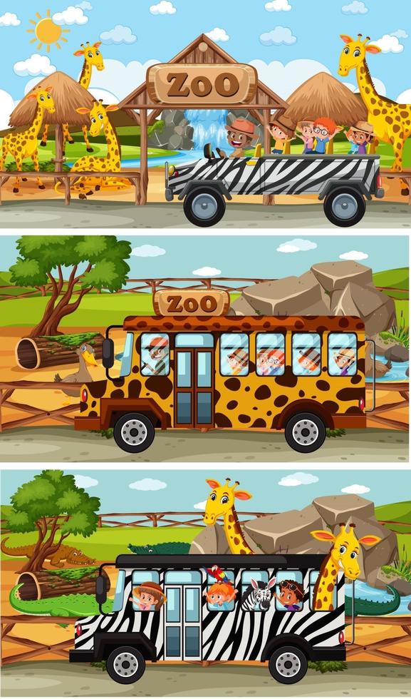 Conjunto de diferentes escenas horizontales de safari con personajes de dibujos animados de animales y niños vector