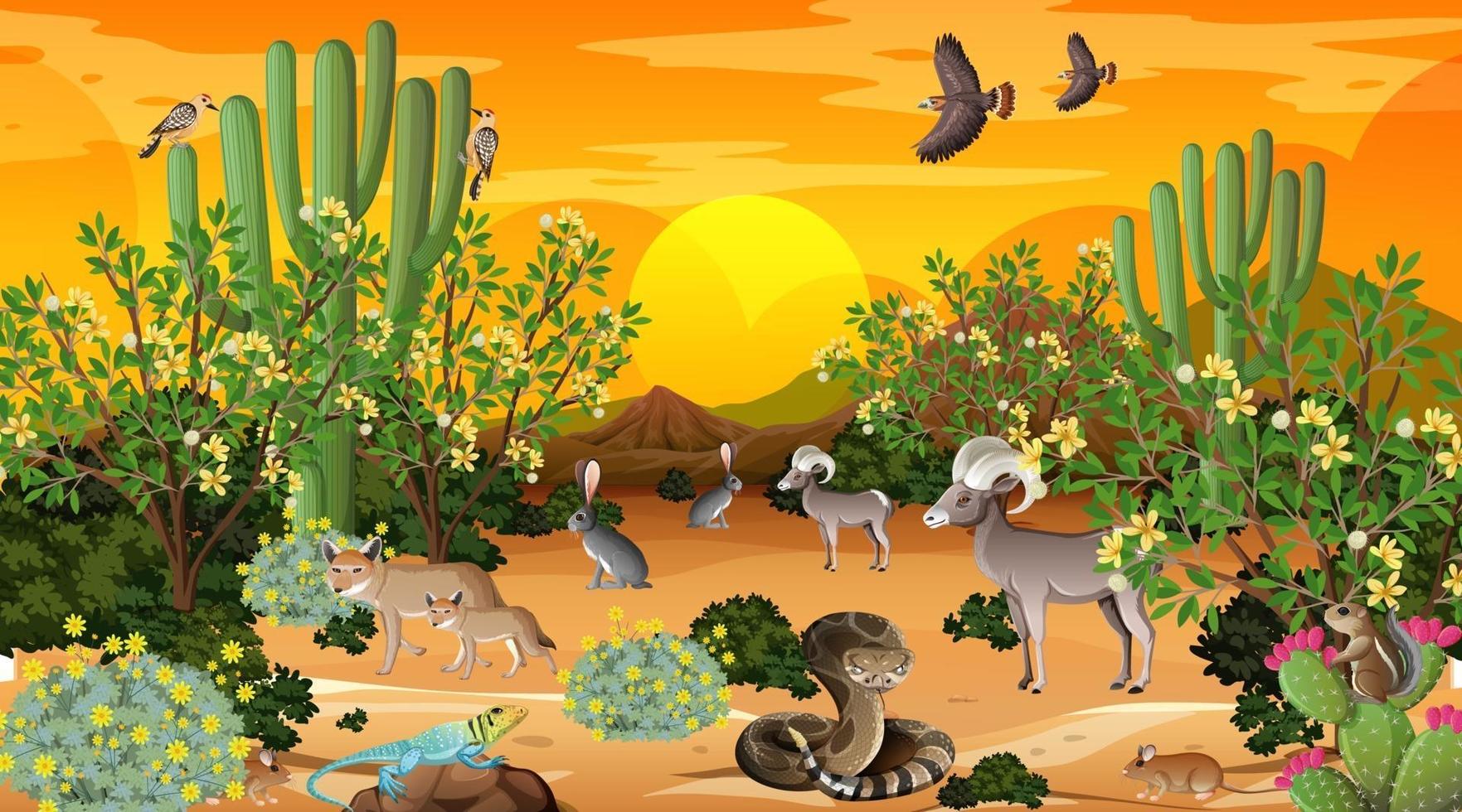 Desert forest landscape at sunset time scene with wild animals vector