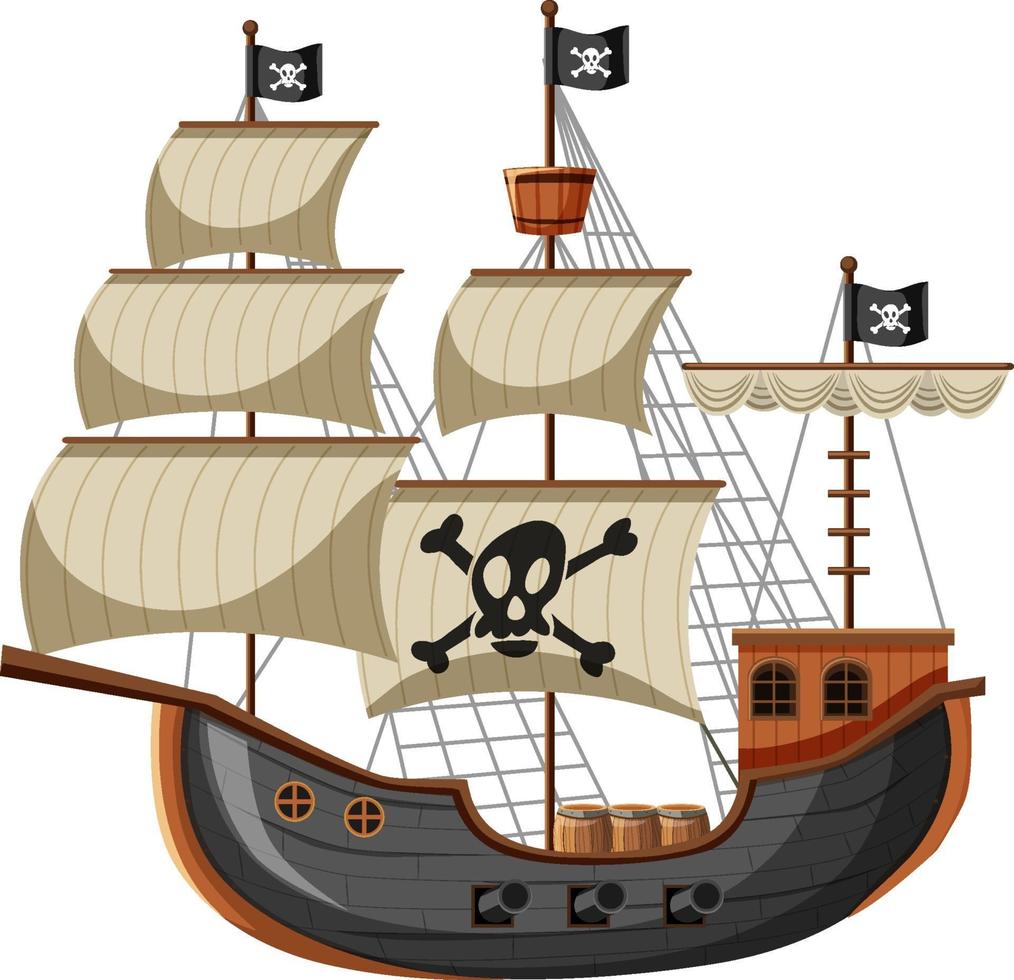 Barco pirata en estilo de dibujos animados aislado sobre fondo blanco. vector