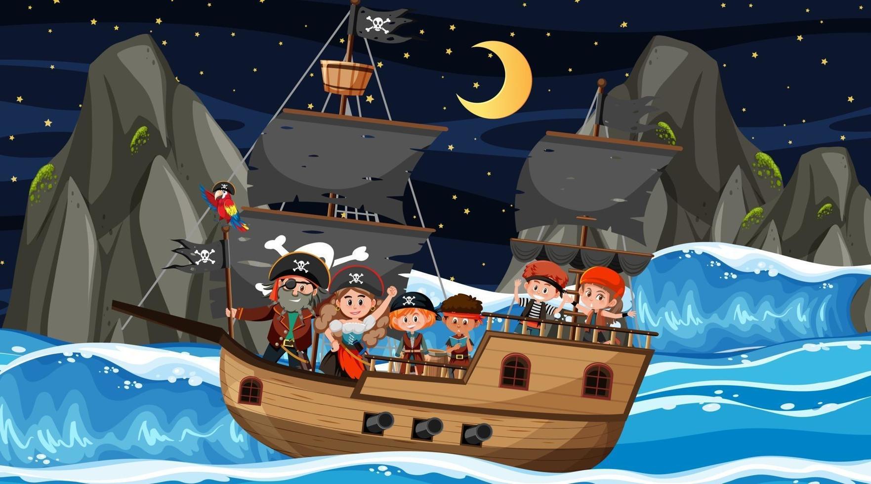 escena de la isla del tesoro en la noche con niños piratas en el barco vector