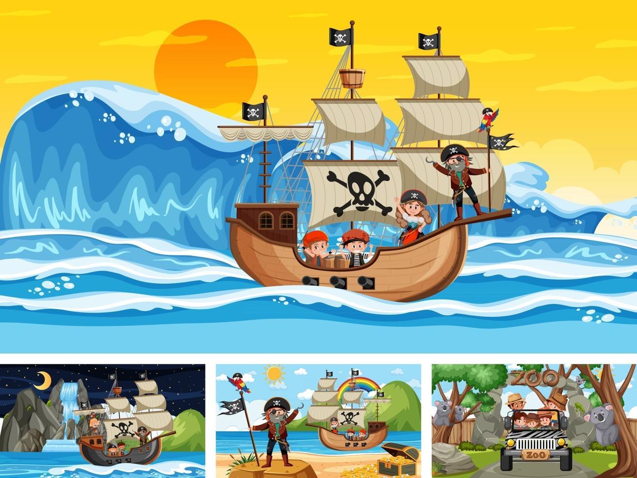 Conjunto de diferentes escenas con barco pirata en el mar y animales en el zoológico. vector