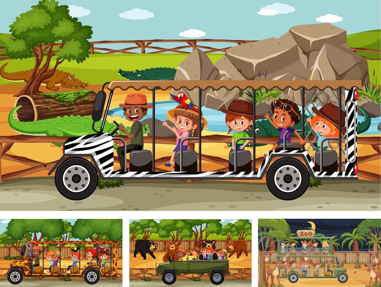 Different safari scenes with animals and kids cartoon character vector