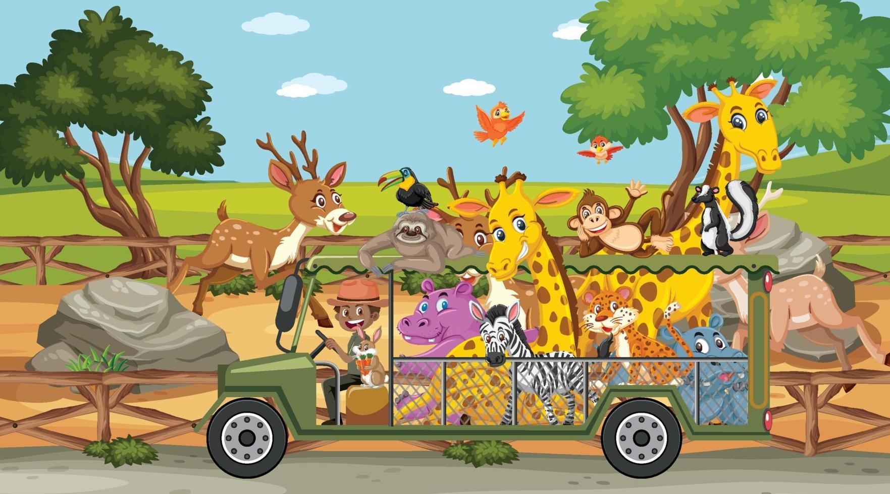 Safari scene with wild animals on a tourist car vector