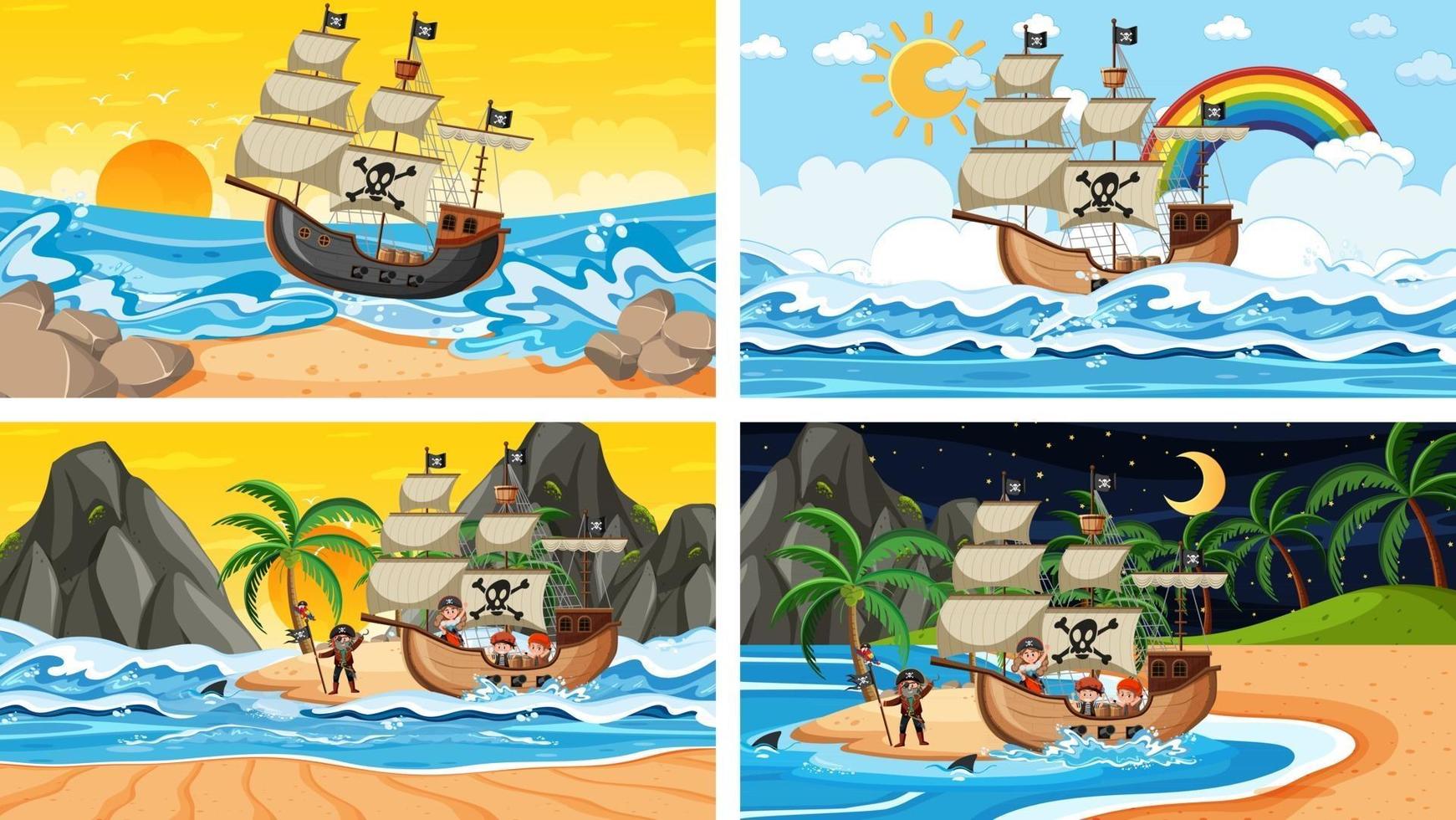 Set of different beach scenes with pirate ship and pirate cartoon character vector