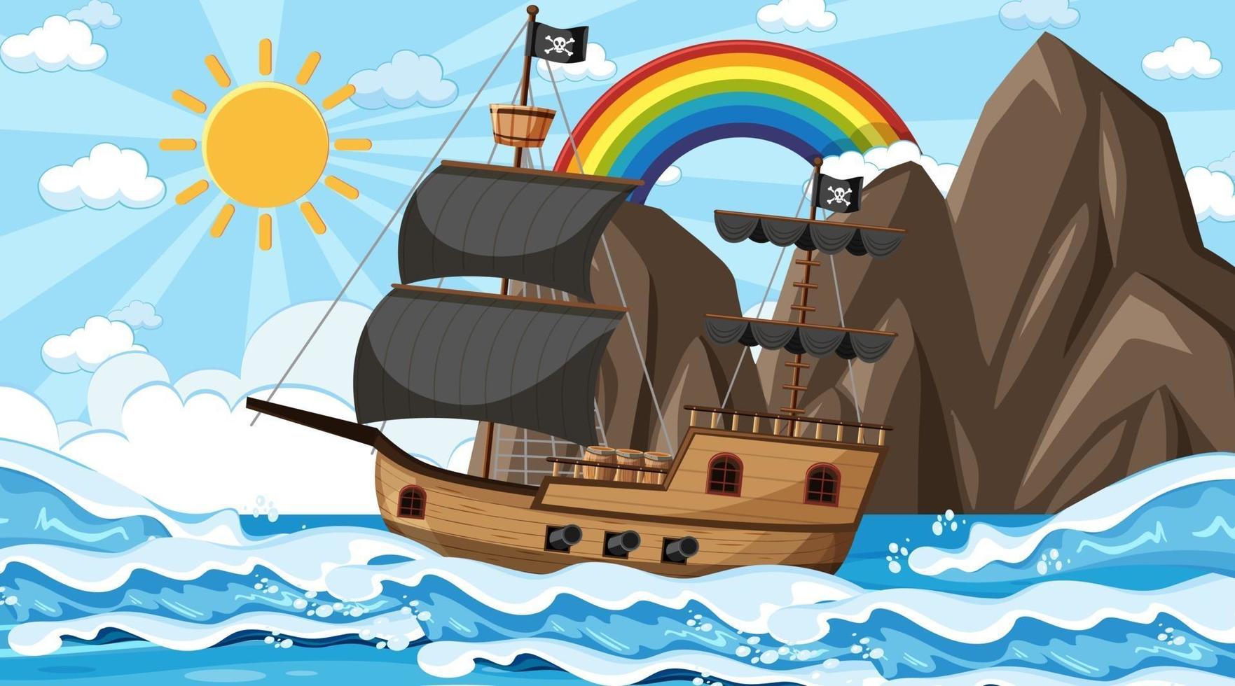 Ocean with Pirate ship at day time scene in cartoon style vector