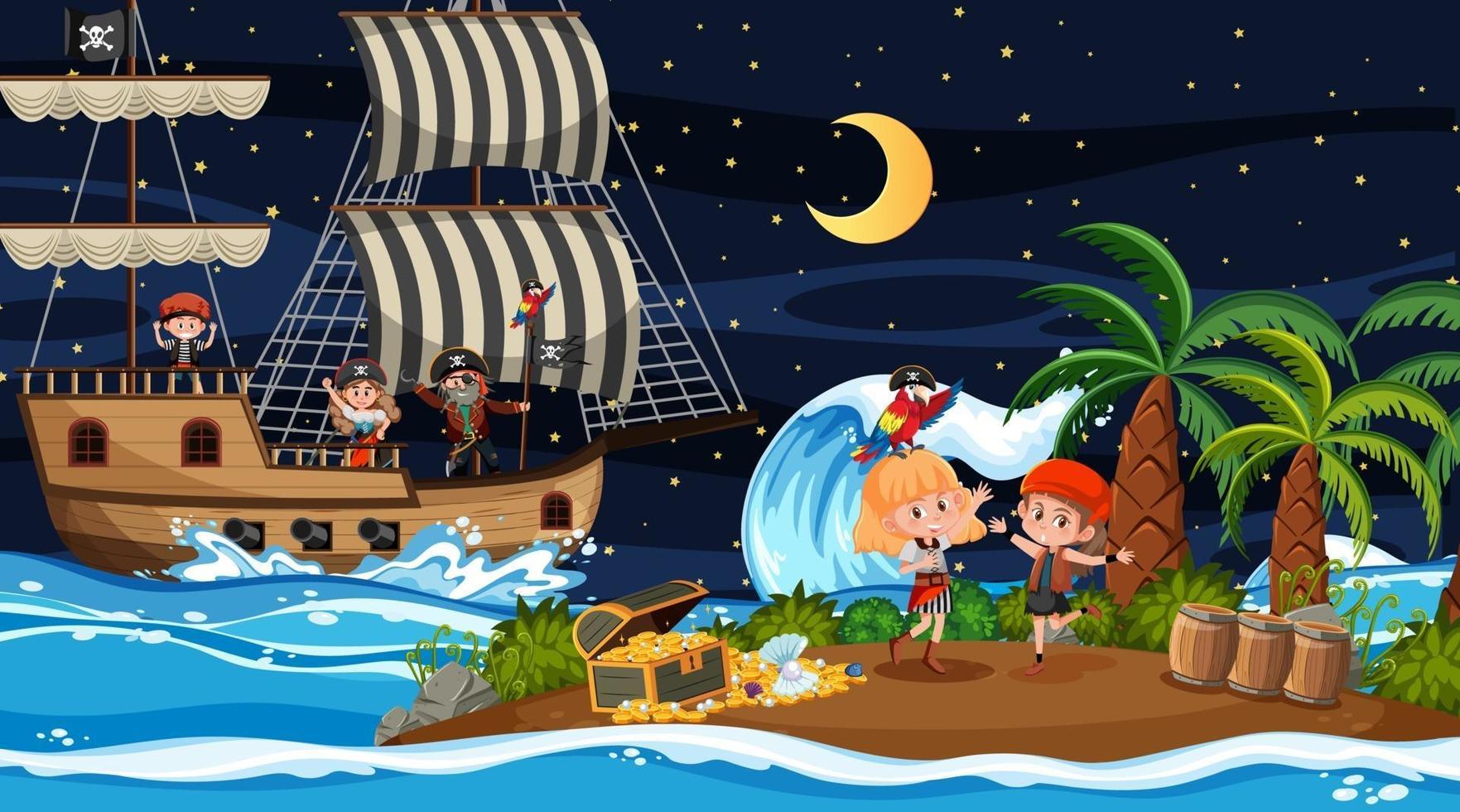 escena de la isla del tesoro en la noche con niños piratas en el barco vector