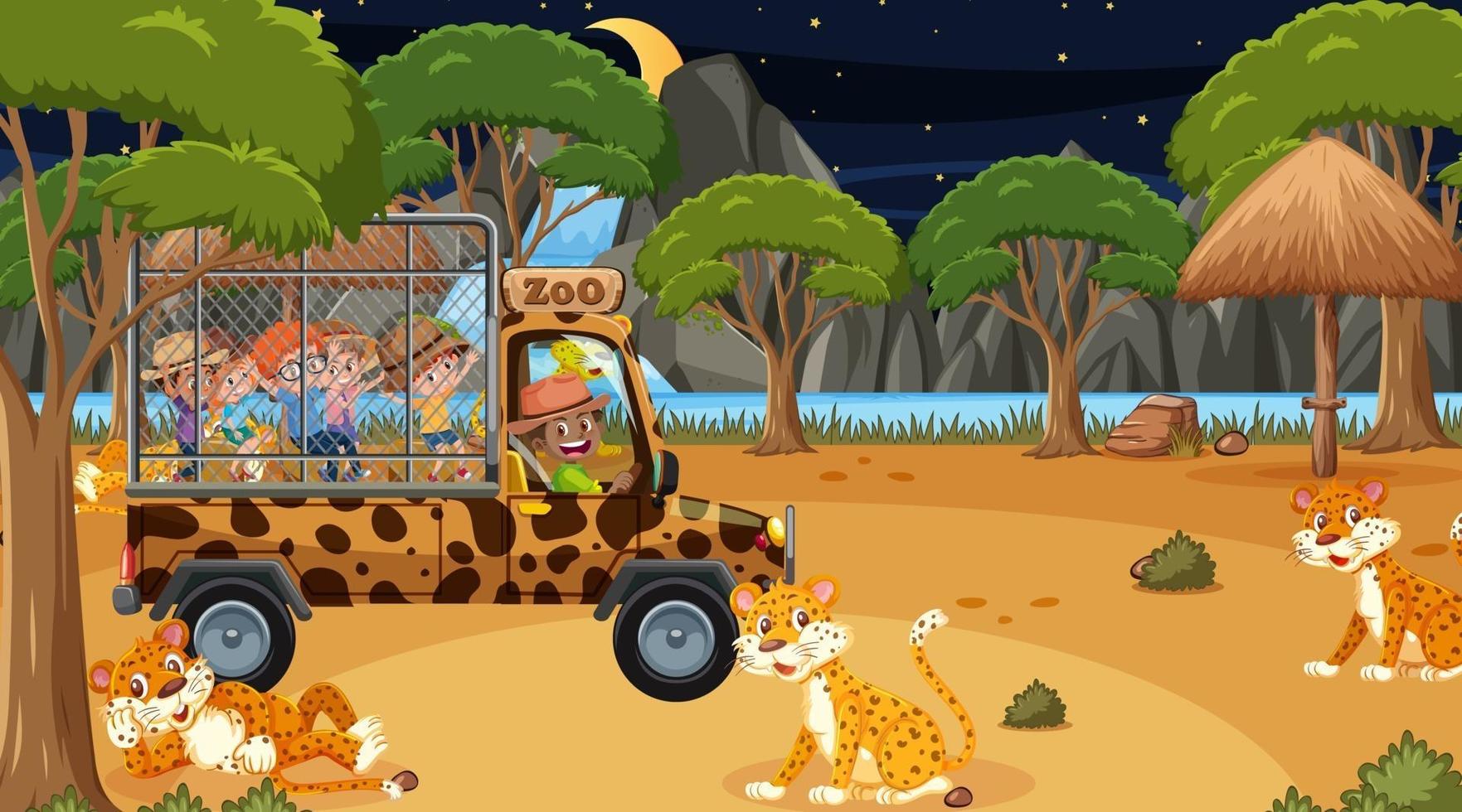 Safari en escena nocturna con niños viendo grupo leopardo. vector