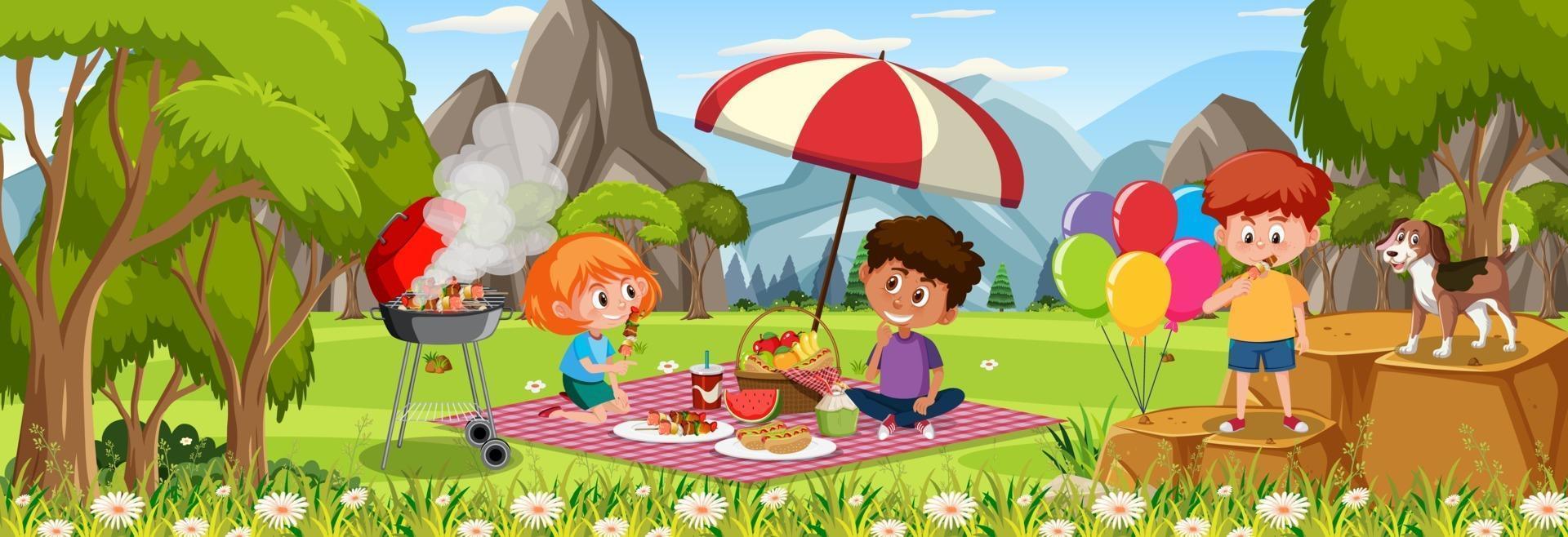escena horizontal al aire libre con muchos niños picnic en el parque vector