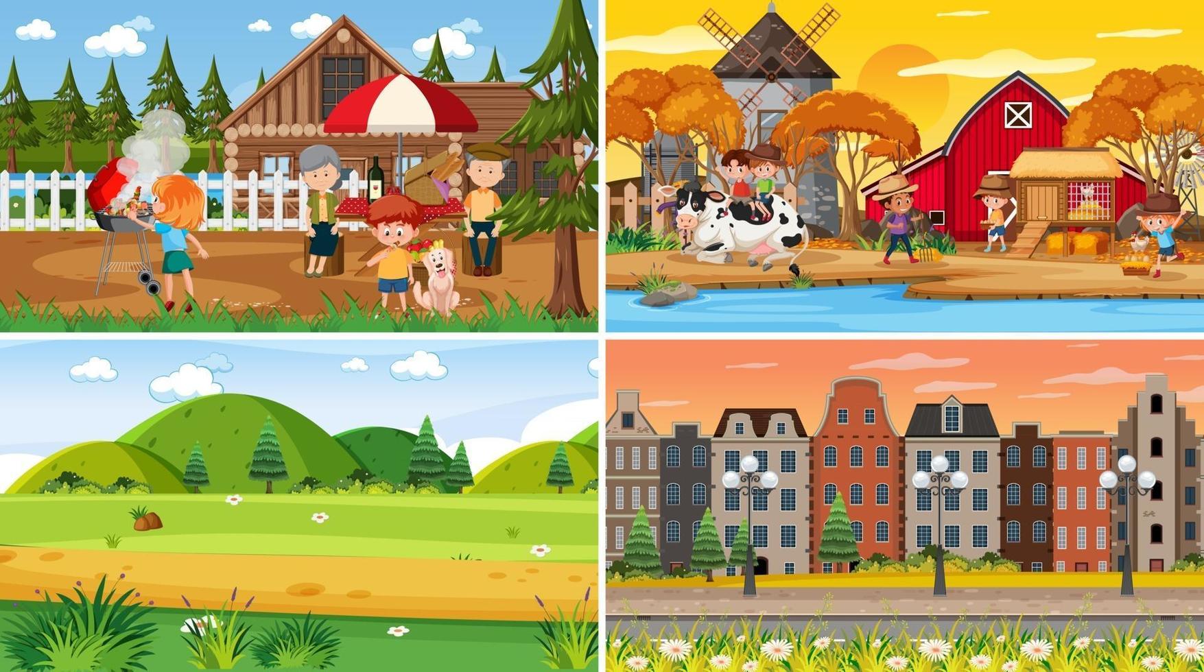 Set of different nature scenes cartoon style vector