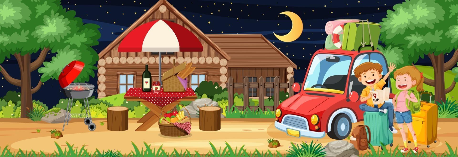 Picnic outdoor at night scene with a couple in travelling theme vector