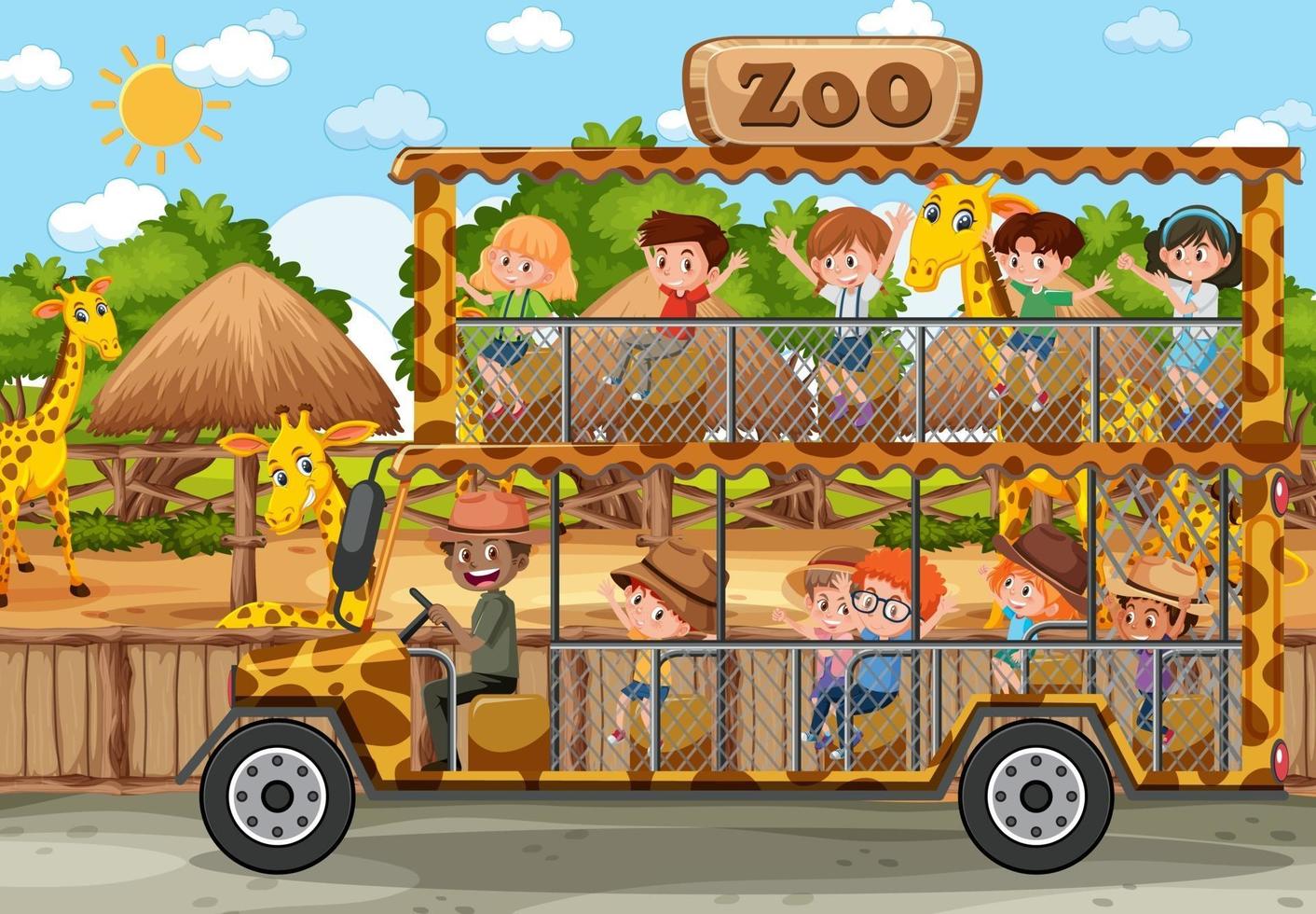 Safari scene with kids on tourist car watching giraffe group vector