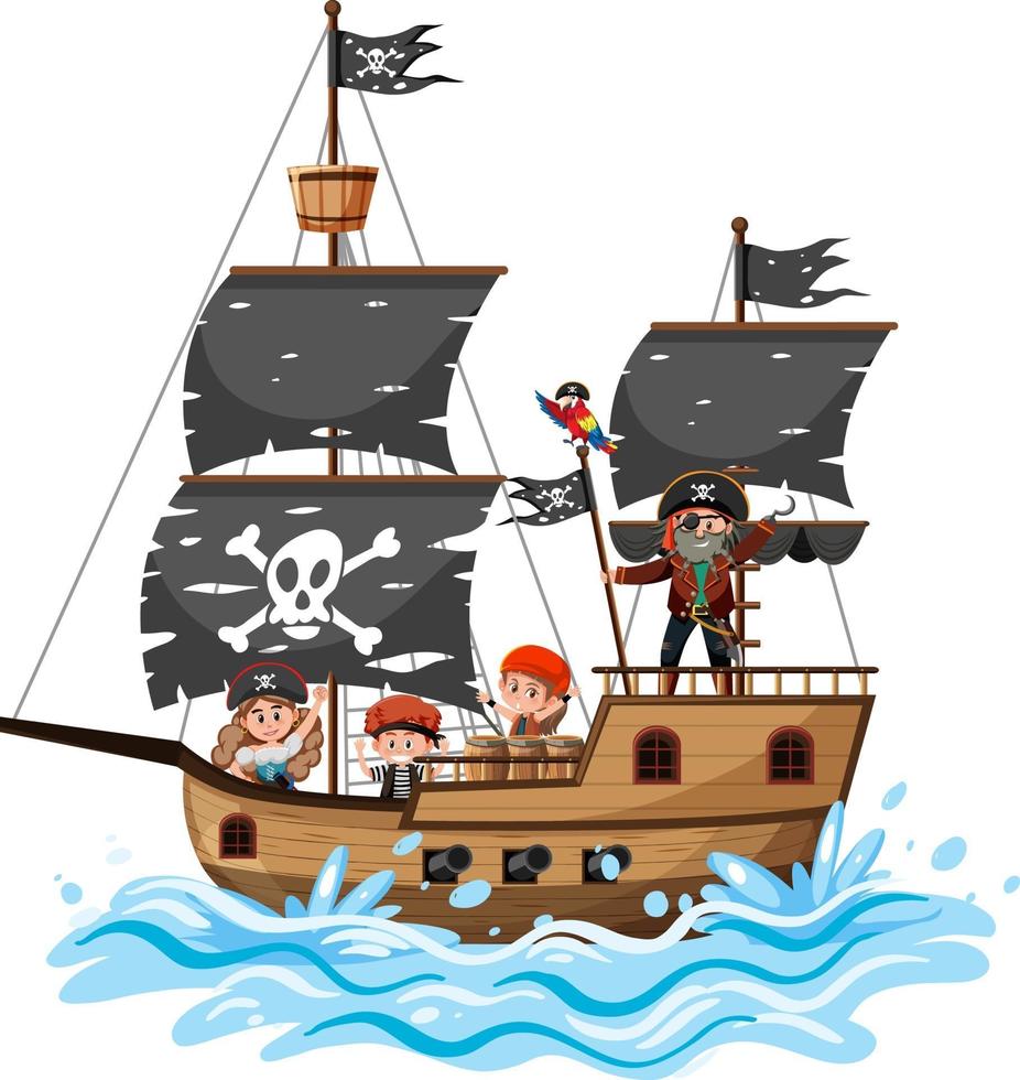 Pirate ship on ocean wave with many kids isolated on white background vector