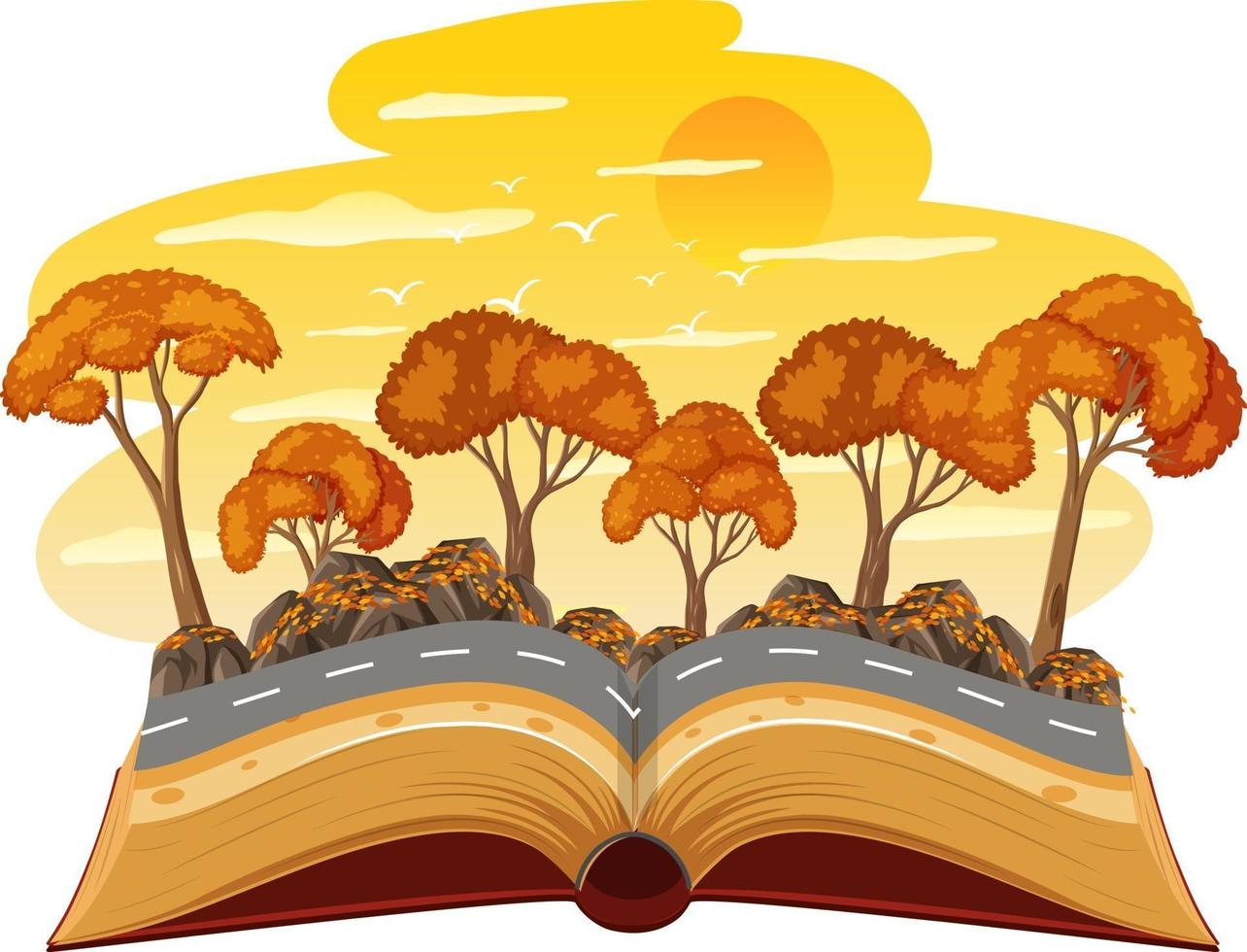 libro abierto con bosque de otoño en la escena del atardecer vector