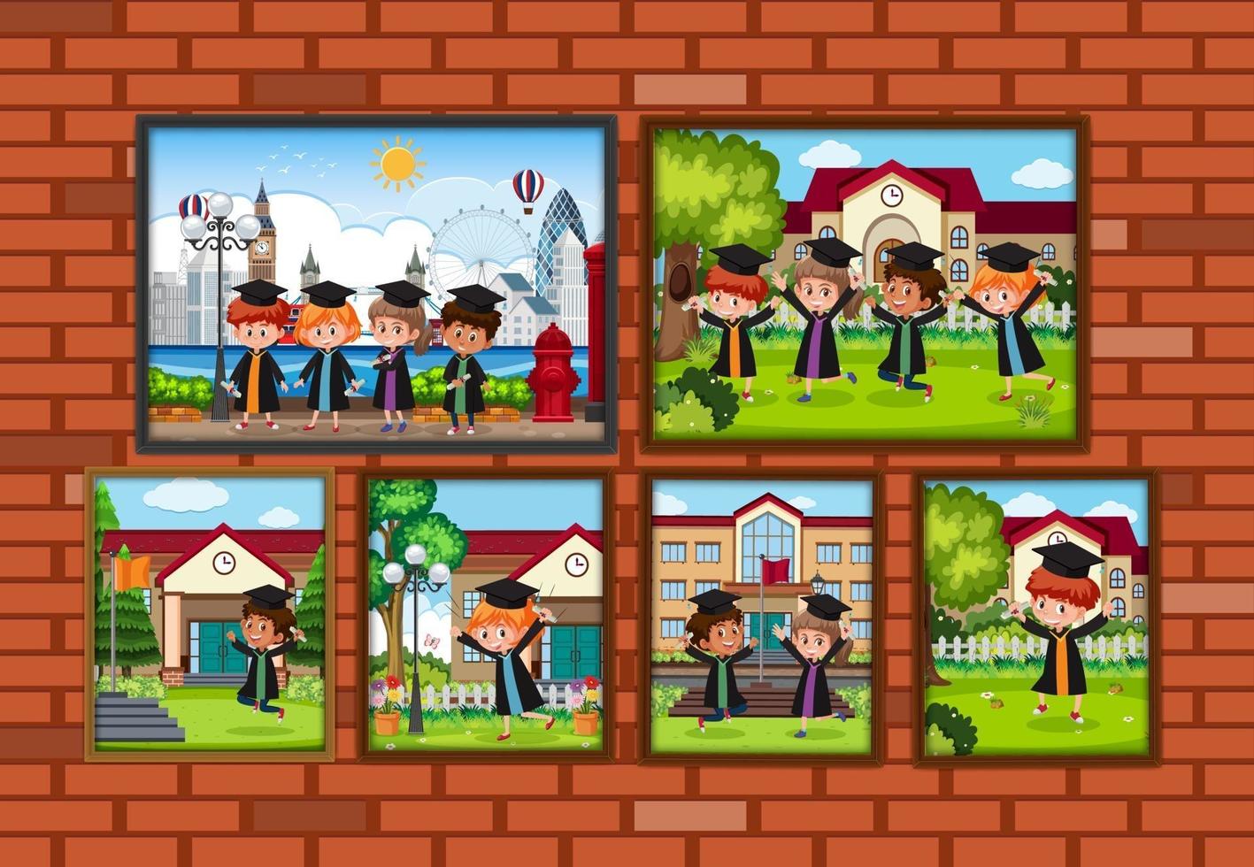 Kids graduation photo frames hanging on the wall vector