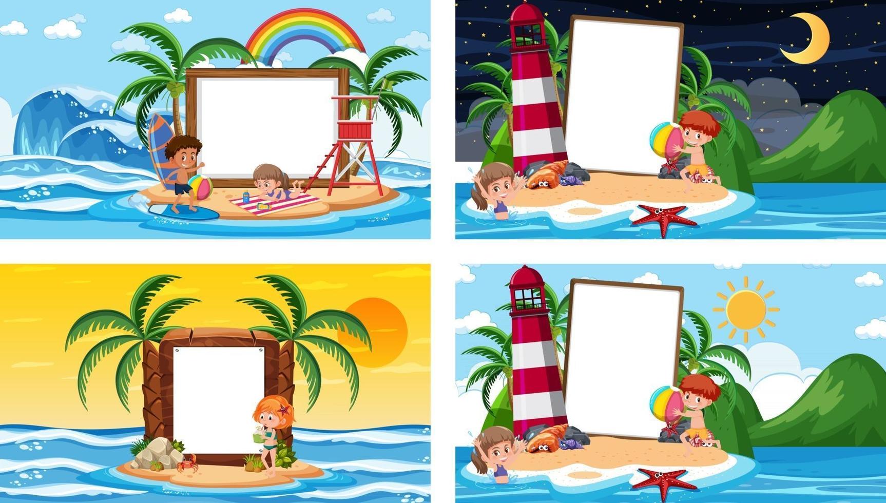 Set of different tropical beach scenes with blank banner vector