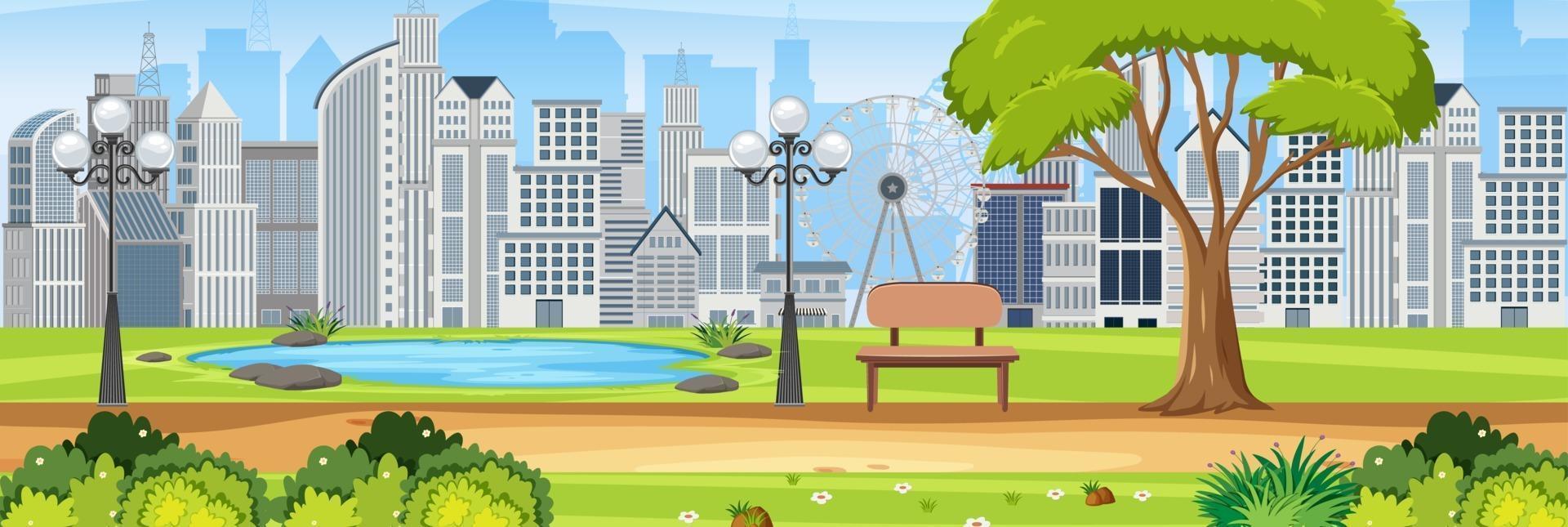 Escena horizontal del parque de la ciudad con muchos edificios de fondo vector