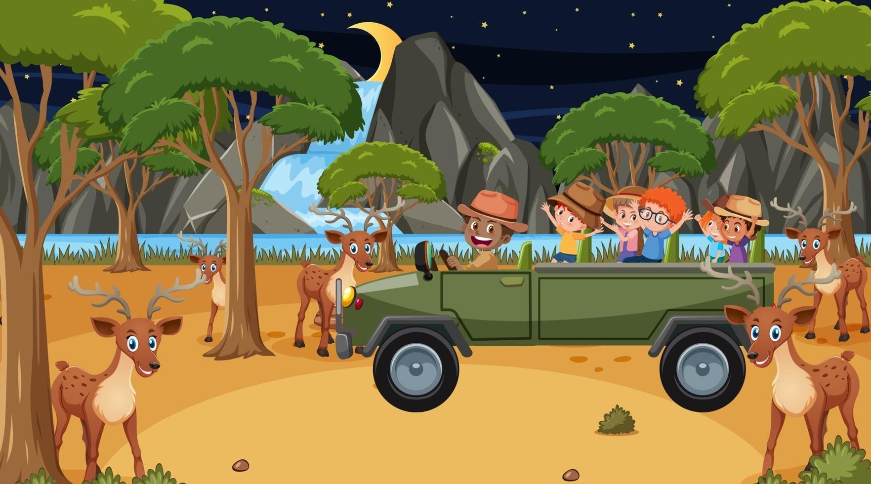 Safari en escena nocturna con niños viendo grupo de ciervos. vector