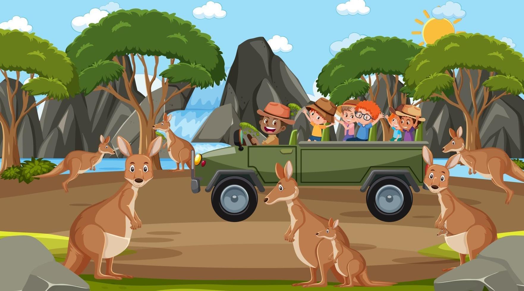 Safari at daytime scene with children watching kangaroo group vector