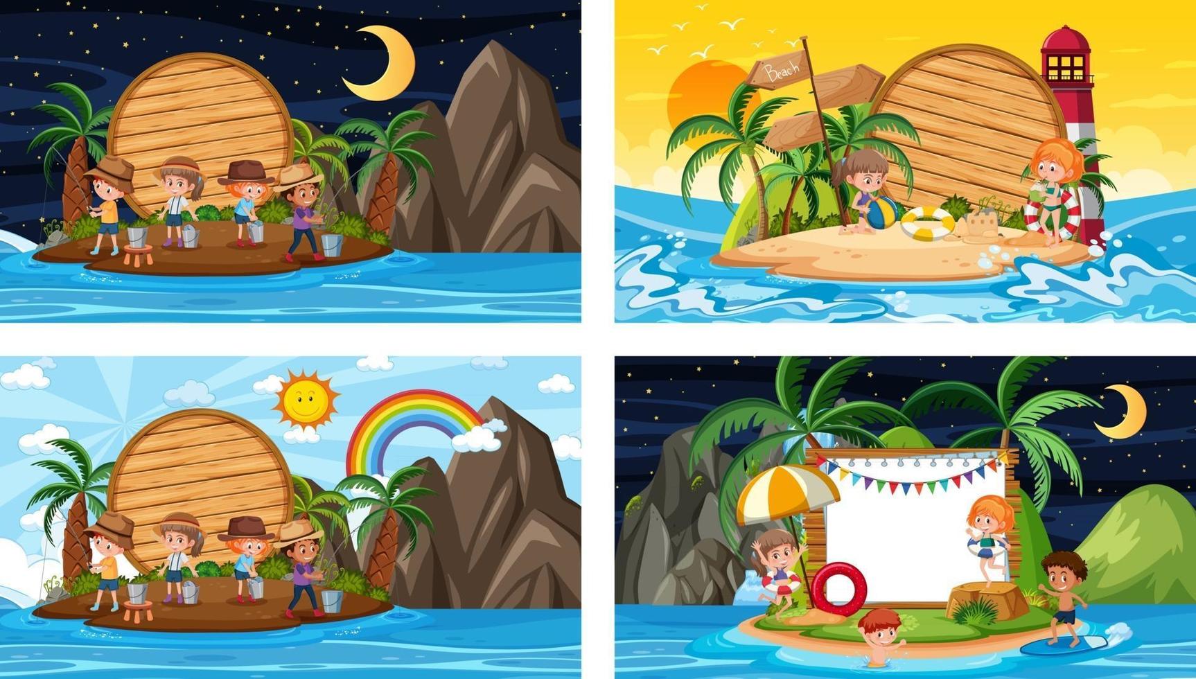 Set of different tropical beach scenes with blank banner vector