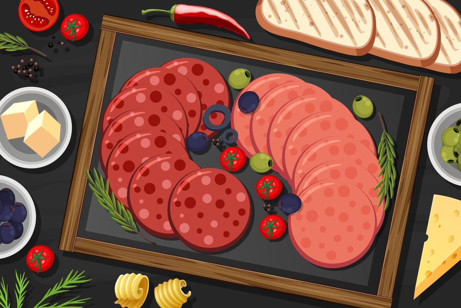 Platter of pepperoni and salami on the table background vector