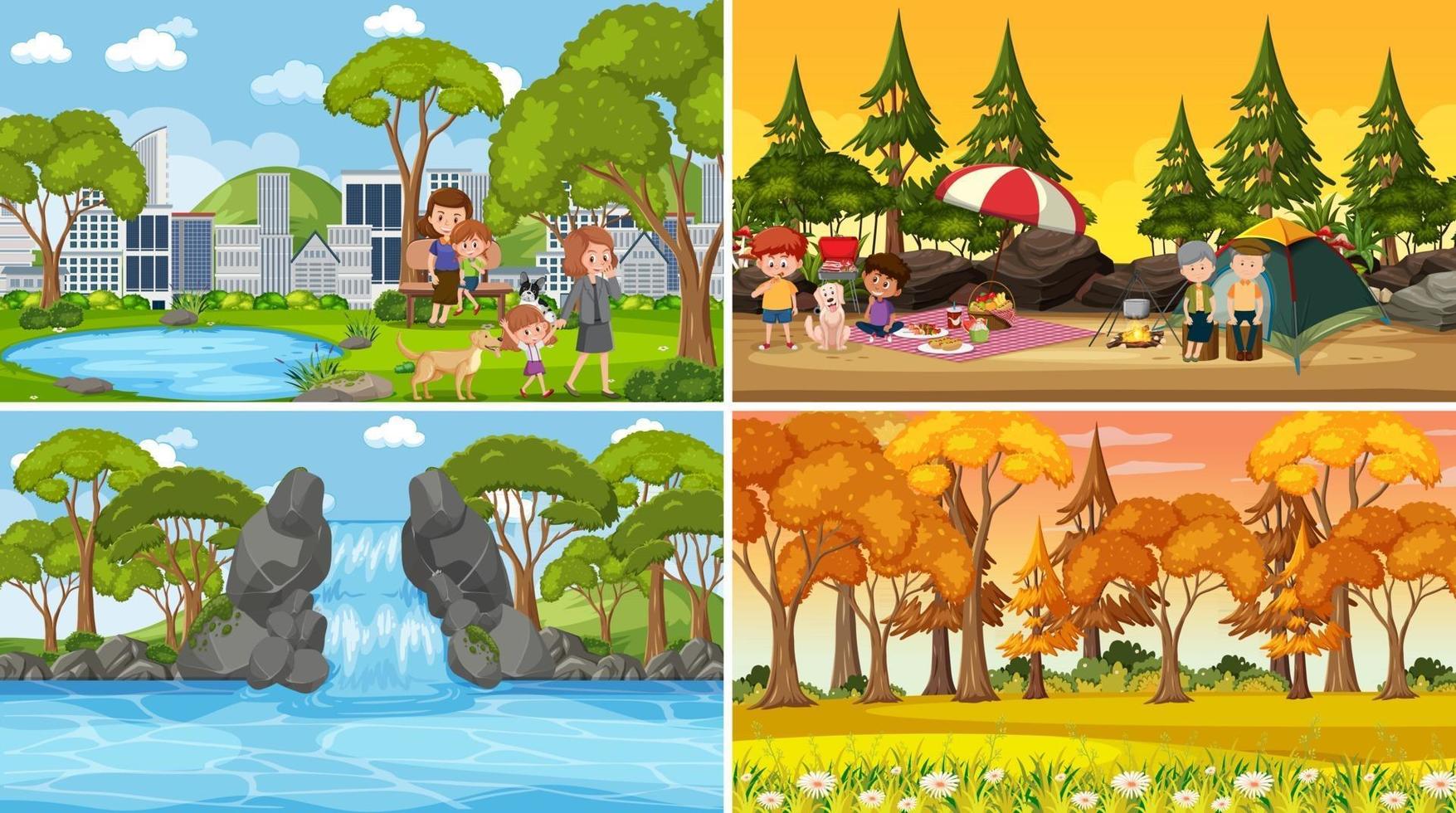 Set of different nature scenes cartoon style vector