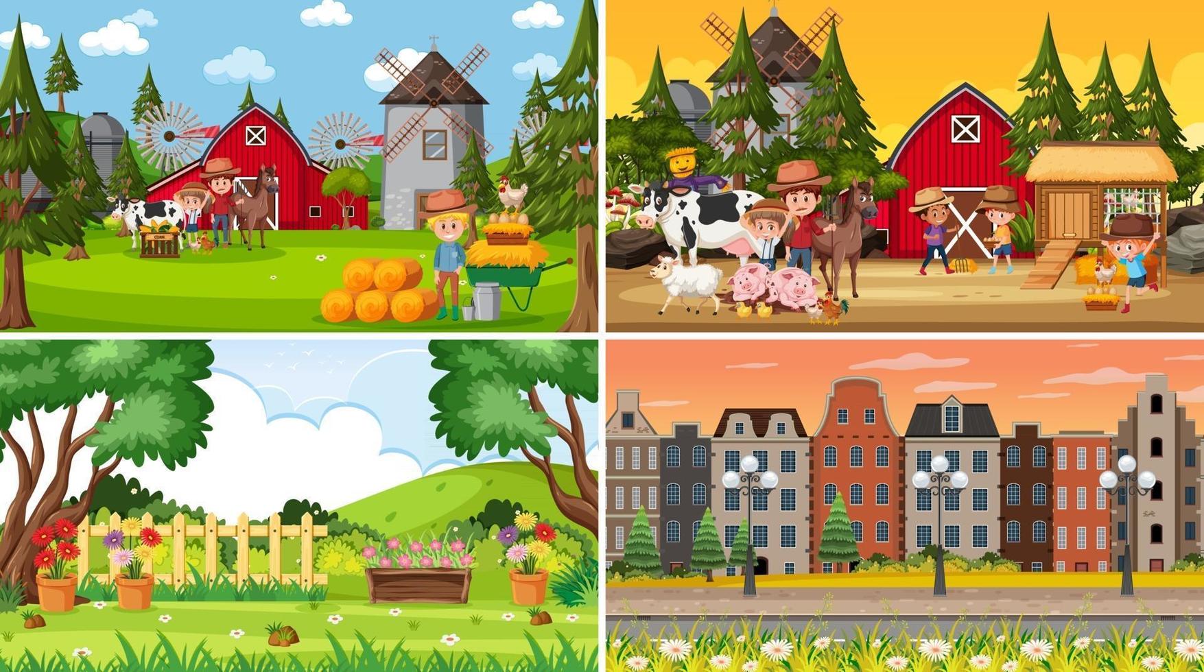 Set of different nature scenes background in cartoon style vector