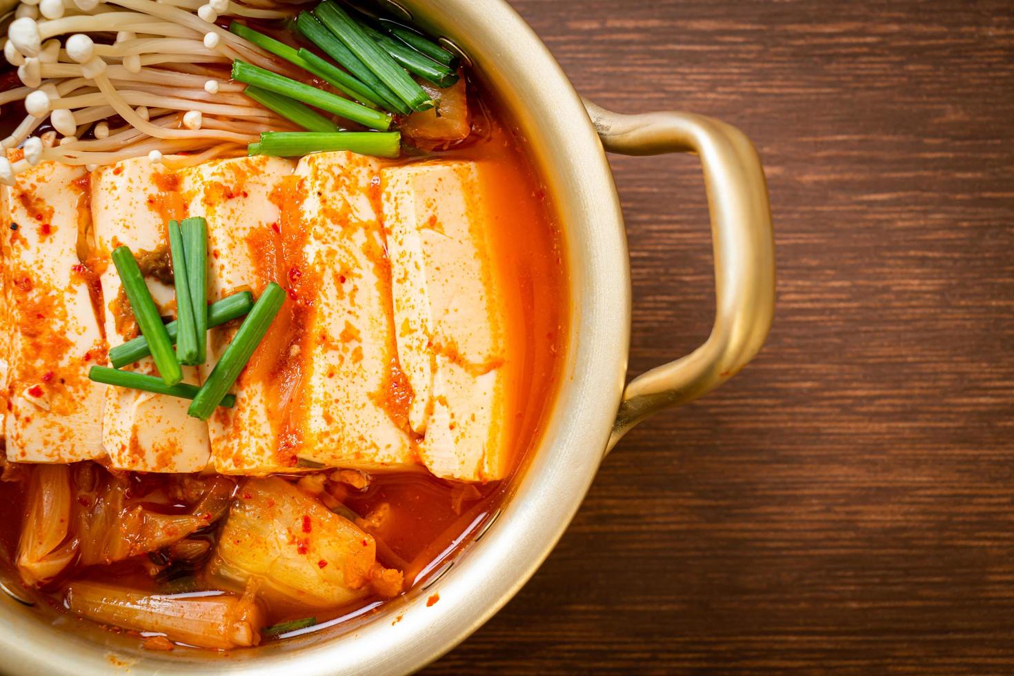 Kimchi Jjigae or Kimchi Soup with Soft Tofu or Korean Kimchi Stew photo