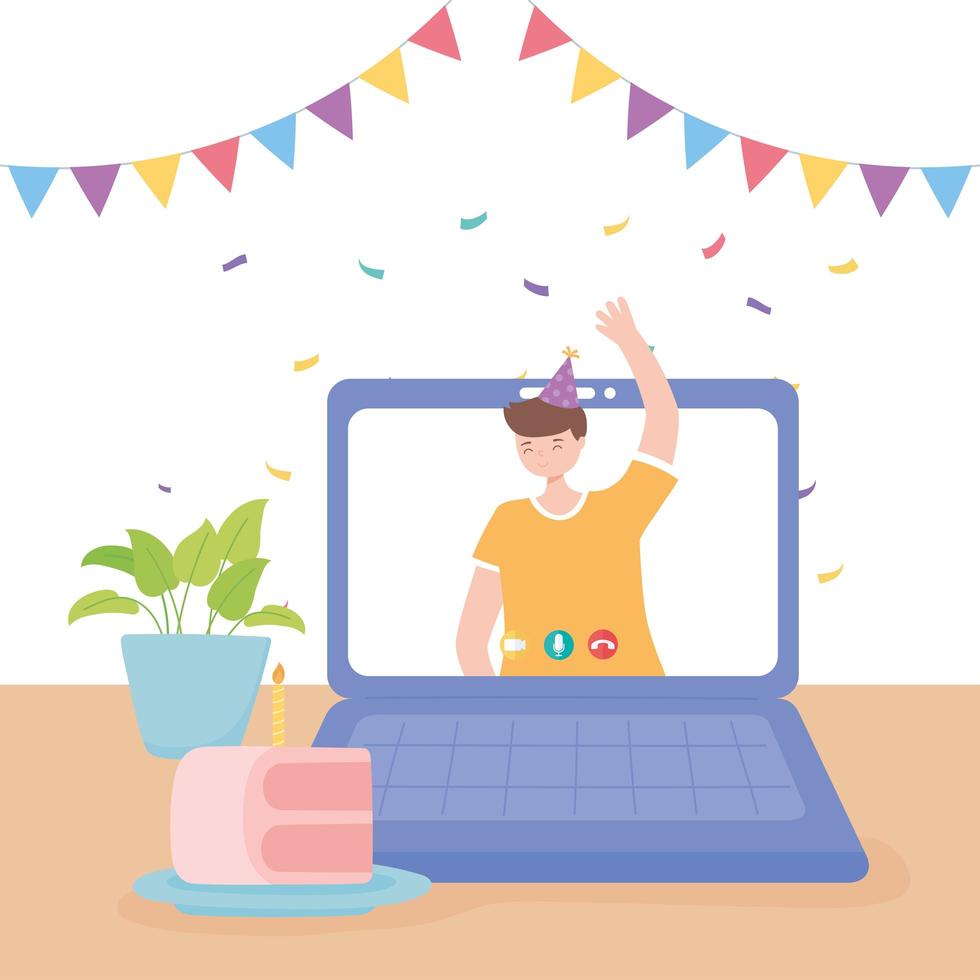 online party, young man waving hand in video call in laptop vector