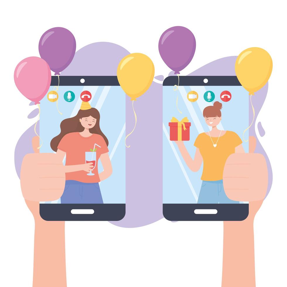 online party, hands with mobile phone and people in video call celebration vector