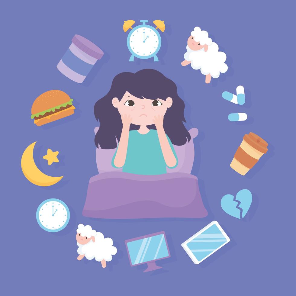 insomnia, girl and reasons of the disease heavy meal medicine caffeine stress and poor sleep habits vector