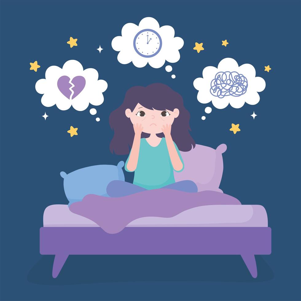 insomnia, girl in bed with depression anxiety vector