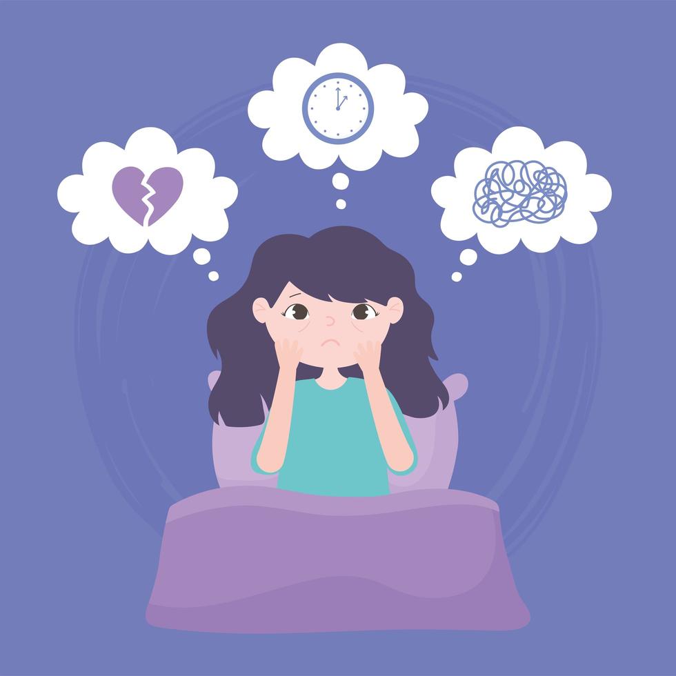 insomnia, sad girl on bed sleepless depression vector