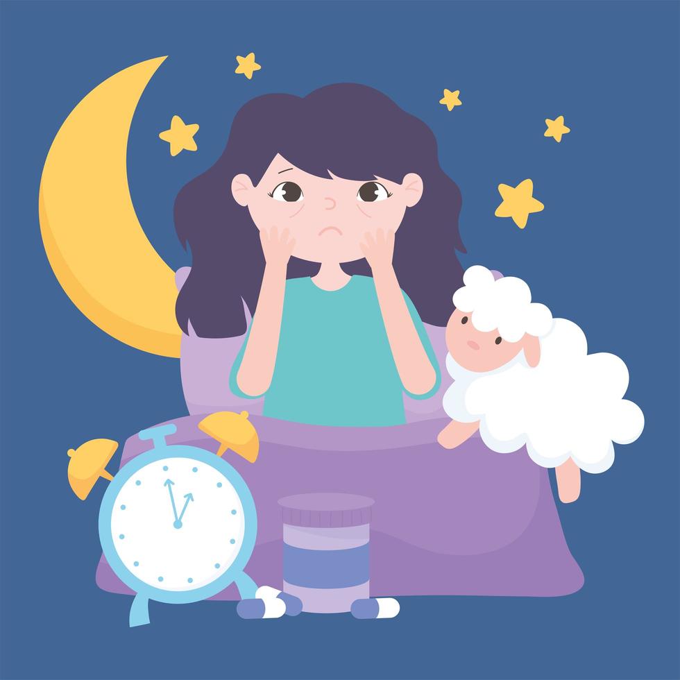 insomnia, sleepless girl on bed with sheep clock moon stars night vector