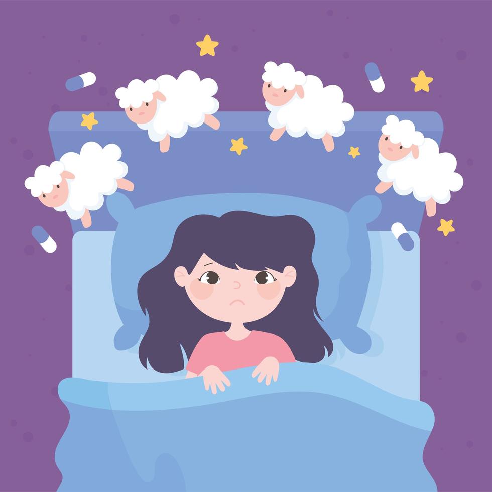 insomnia, girl in bed counting sheeps cartoon vector