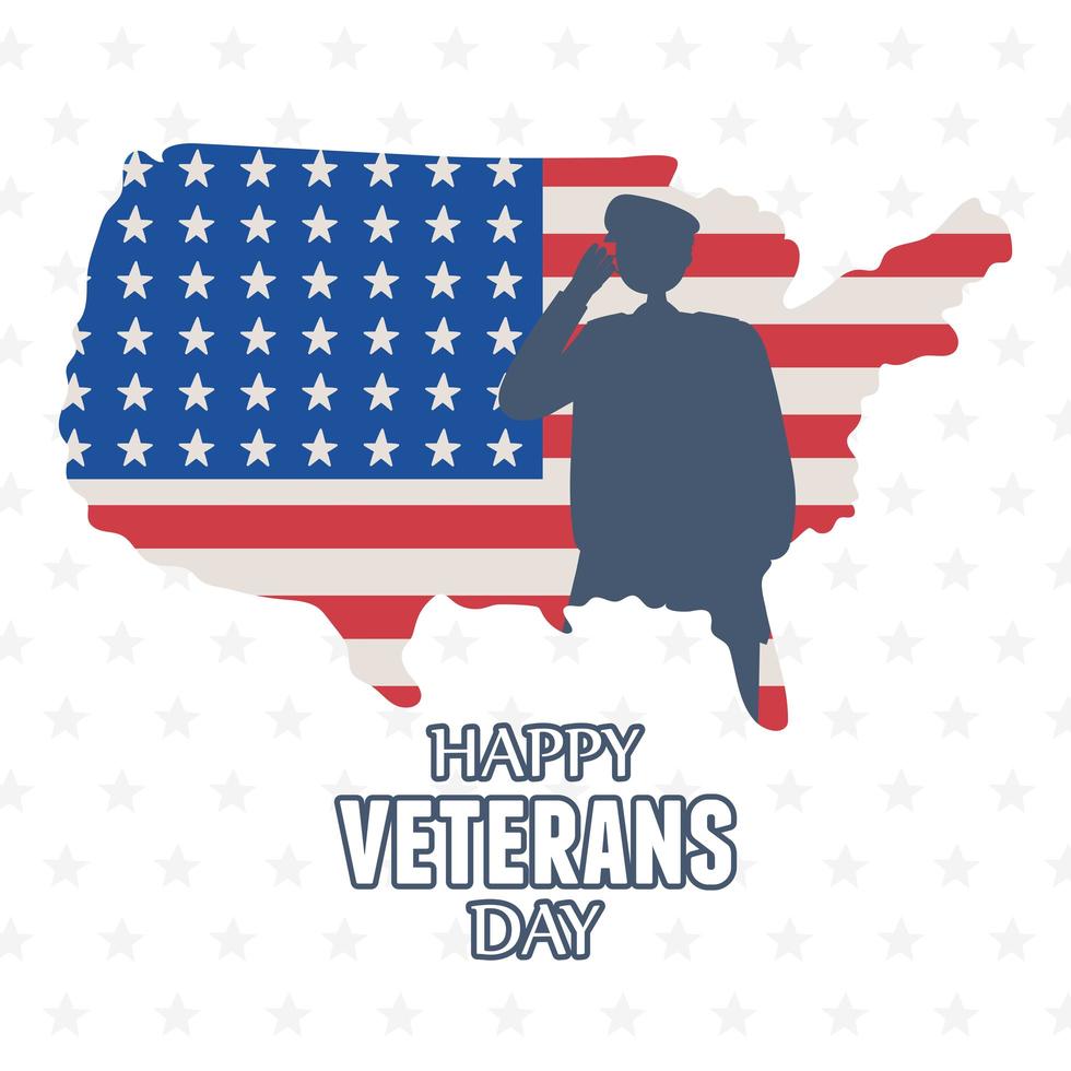 Feliz día de los veteranos, silueta de soldado de las fuerzas armadas militares de EE. UU. en el mapa americano con bandera vector