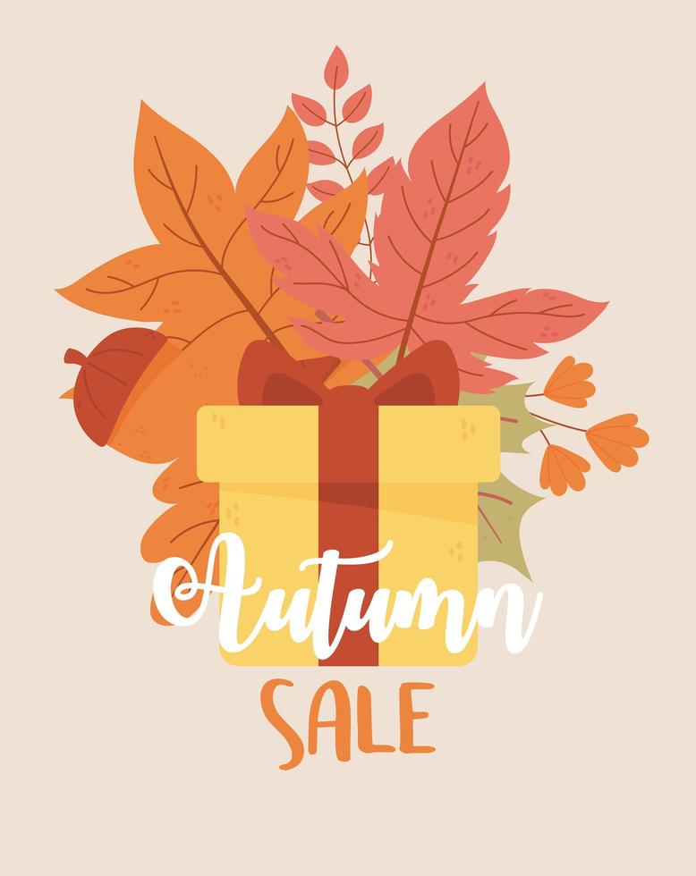 autumn sale, wrapped gift maple leaves acorn promotion season discounts vector