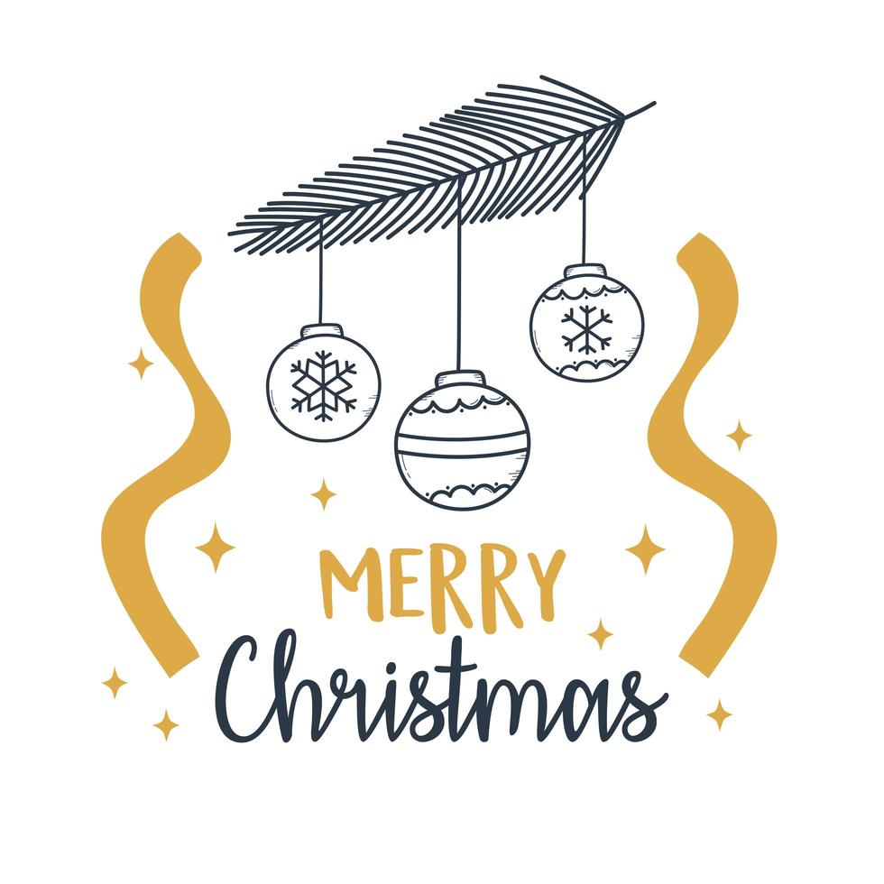 merry christmas branch with hanging balls decoration vector