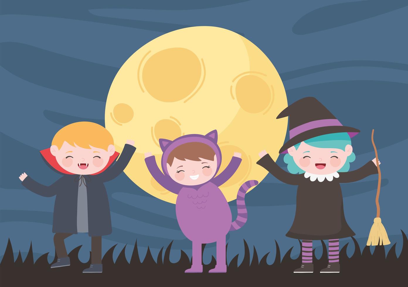 feliz halloween, personajes de disfraces gato bruja y drácula para niños, truco o trato, celebración de fiestas vector