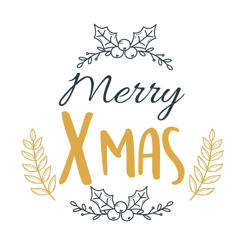 merry xmas text and holly berry leaves decoration vector