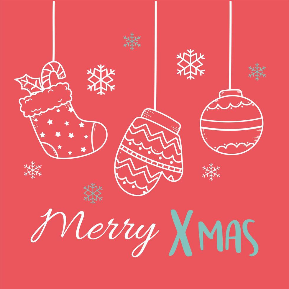 merry xmas red background with hanging mitten sock and ball decoration vector