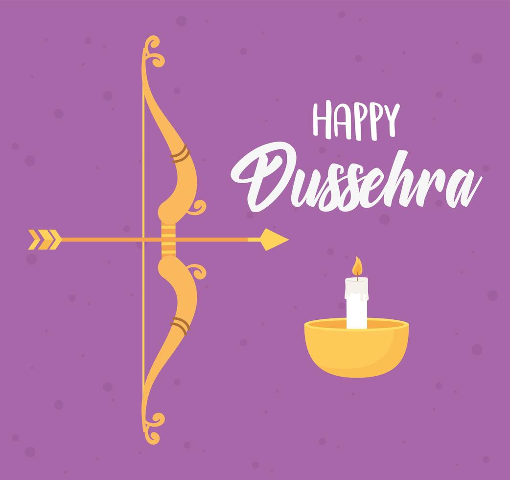 happy dussehra festival of india, arrow bow and diya lamp vector