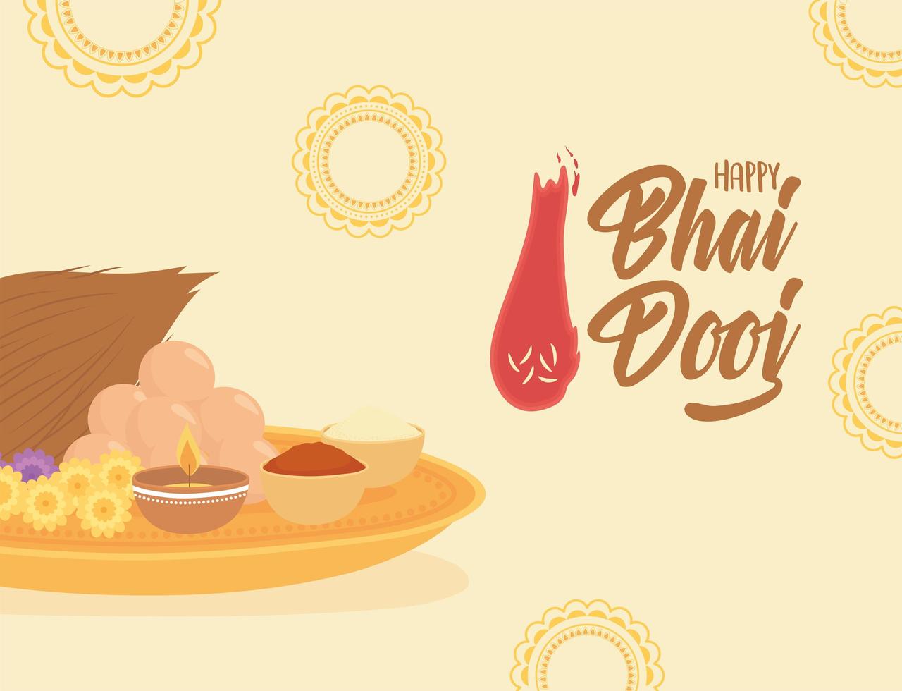 happy bhai dooj, burning light food mandalas background card, indian family celebration vector