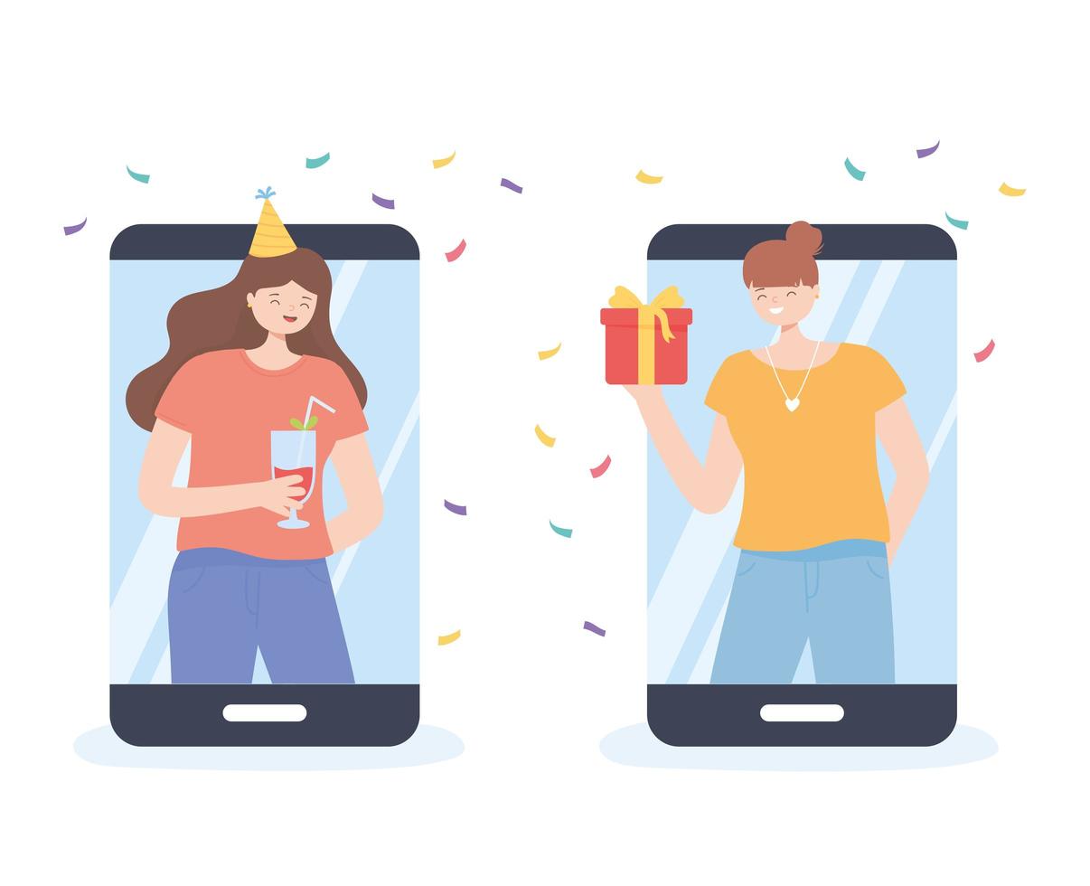 fiesta en línea, chicas conectadas con dispositivos celebrando el cumpleaños de la reunión vector