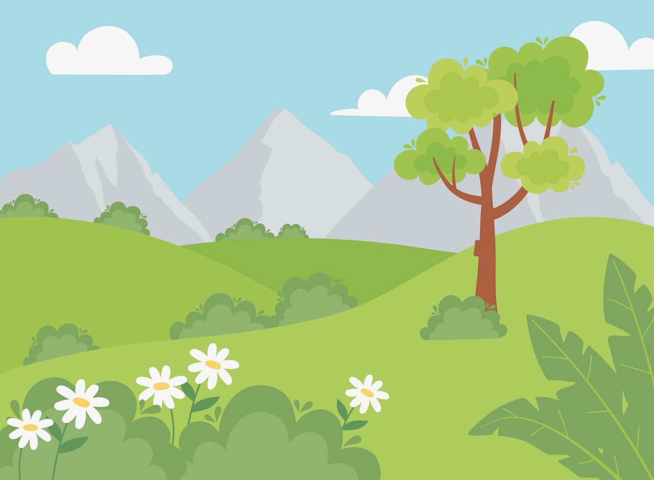 landscape rocky mountains bushes flowers grass and tree vector